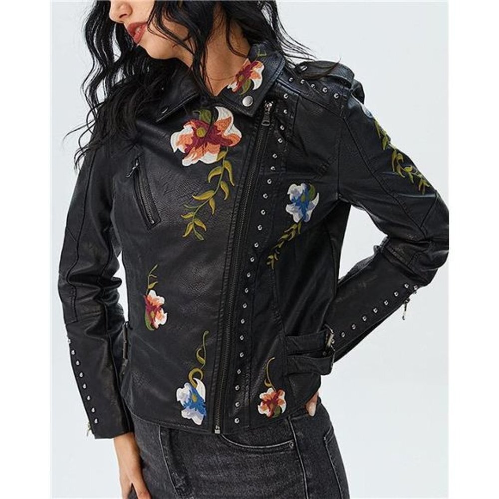 Black Floral Embroidered‎ Studded Faux Leather Jacket Moto Bomber Jacket Coat